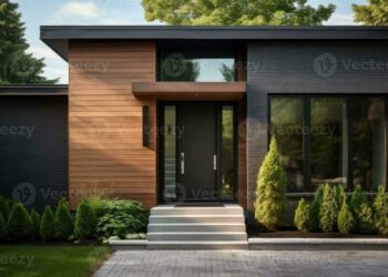 Contemporary exterior of home with dark ceramic tiles as siding of ...
